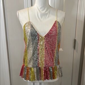 Main Strip Silver and Pink Sequin Peplum Camisole Size Large NWT
